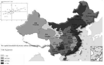 Fig. 3. The distribution map and Moran scatter plot of per capita household electricity carbon emissions of Chinese residents in 30 province in 2015 