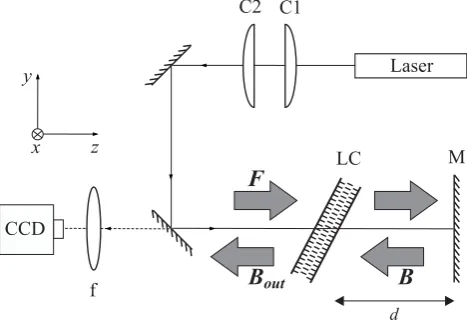 Fig. 1. Schematic sketch of the experimental set-up. LC liquid crys-backward optical ﬁeld;Ctal layer; M feedback mirror; F input optical ﬁeld; Bout transmitted B backward optical ﬁeld; d feedback length.1 and C2 cylindrical lenses