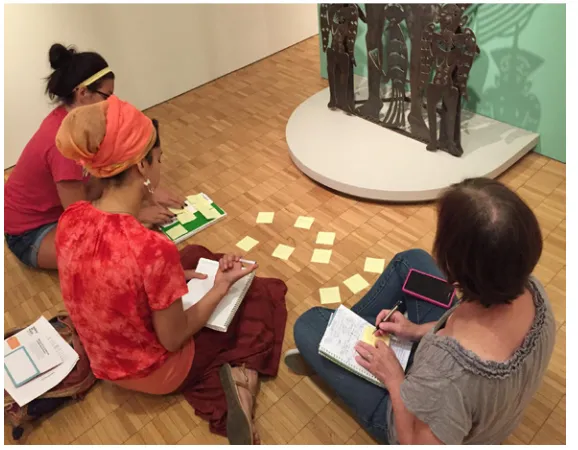 Figure 1. Students in Multicultural Art and Visual Learning in Elementary Education composing a collaborative poem in response to a cut and forged metal sculpture in the Haitian Art Collection at the Milwaukee Art Museum
