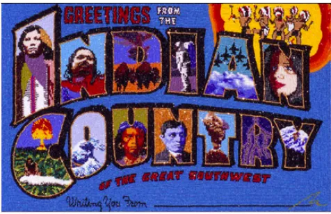 Figure 7. Marcus Amerman. Postcard, 2002, beads and thread on canvas 11” x 17”.  Retrieved from http://www.marcusamerman.com/creations/beadwork.html