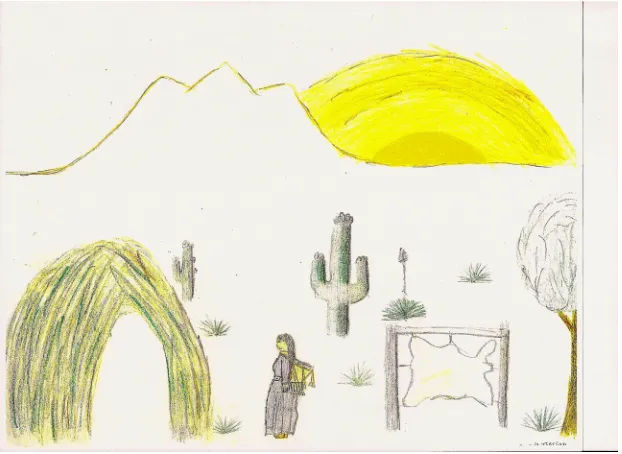 Fig. 4 A young girl, Nalin, drew the three-peaked Triplet Mountain in the background with a sunrise