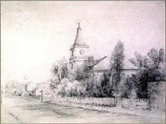 Figure 2:  St David’s Church, Hobart Town pre 1835 (Thomas Bock)  