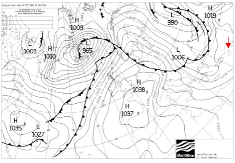 Fig. 1. Surface analysis chart for 00:00 UTC 28 January 2008 (UK,Met. Ofﬁce). The red arrow points to Cyprus area.Cyprus area Cyprus area 