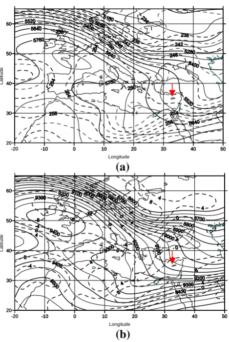 Fig. 4. (a) (a) Geopotential height (solid lines, unit: gpm) and temperature (dashed lines, unit: K) at the (b)(dashed lines, unit:Fig