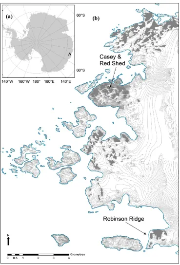 Figure 2.3 - (alocation of the Windmill Islands () The continent of Antarctica with an arrow in Eastern Antarctica indicating the b) The locations of the Robinson Ridge and Red Shed study sites in the Windmill Islands 