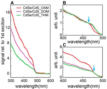 Figure 2.3 (A) Comparison of (1 − T) − PLE for 600 nm emission for CdSe/CdS core/shell particles grown in the three amines