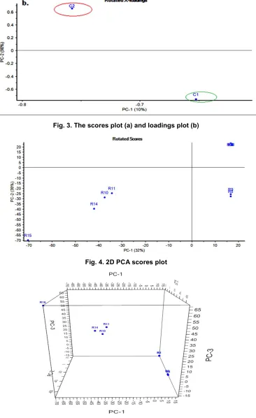 Fig. 3. The scores plot (a) and loadings plot (b) 