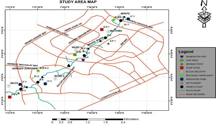 Fig. 1. Abuja map showing River Mpape and sampling locations  