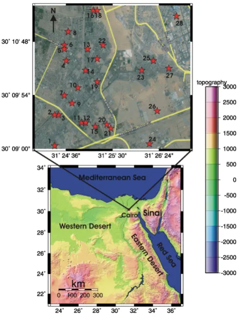 Fig. 1. Lower panel is a topographic map of Egypt. Upper panelis satellite image of the northeastern Greater Cairo Area
