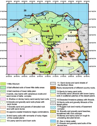 Fig. 2. Map of Surface geology in and around Greater Cairo Area (scale 1:500 000, EGSMA, 1983).