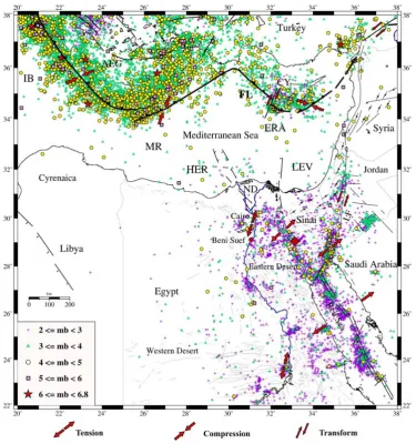 Fig. 3. Tectonic boundaries of the Eastern Mediterranean Region. Seismicity data (2≤Mb<6.8) was compiled (Abou Elenean and Hussein,2008) from ENSN and NEIC (1997–2007)