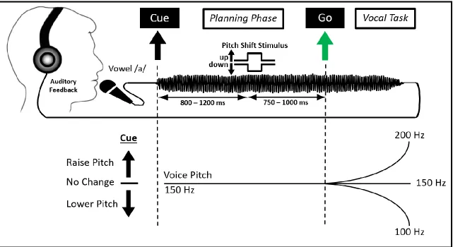 Figure 2.1 Experimental Design  Directional cues (black arrow or horizontal dash) and pitch shift direction (+/- 100 cents) were randomized
