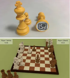 Fig. 6. (a) The Tic-tac-toe tabletop interface, showing the playing grid (where the dotted numbered squares highlight the sensible areas, which are not actually visible), the GUI labels and the start button; (b) the tangible playing pieces; (c) the 3D game view on the secondary screen 