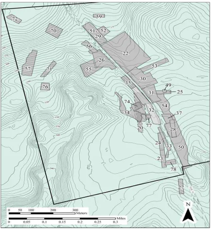 Figure 2.3) Topographical map indicating SCIAA dig locations at Camden Battlefield.    Each grey box received 100% coverage by metal detector from the archaeological crew