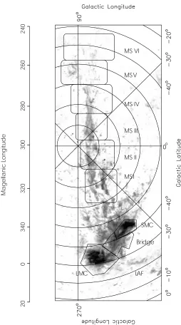 Fig. 5.—Annotated H  i column density image of the Magellanic Clouds, Bridge, Stream, and the beginning of the Leading Arm feature (LAF)