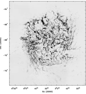 Figure 1.4: Figure 1. from Kim et al. (1998) showing the highest density HIand it emphasizes the Ðlamentary, bubbly, and Ñocculent structure of the ISM in the LMC.component in the line of sight illustrates the disturbed spiral structure and voidsThe median