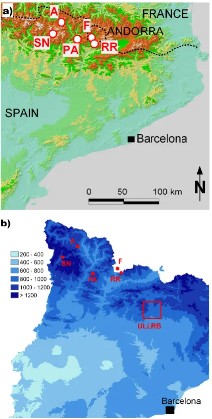 Figure 1: a) Location of the five debris flows, b) Mean annual precipitation (in mm) of Catalonia (Source: CAC)