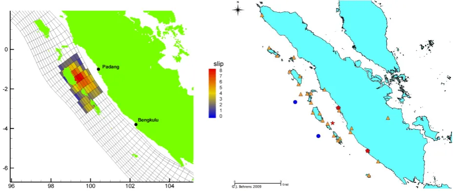 Fig. 7. Bechmark slip distribution (left) and sensor network (right). The two benchmark gauge locations are marked by a red pentagon, andthe epicenter location by a red star