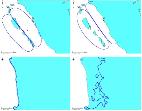 Fig. 1. Top: two hypothetical tsunami sources corresponding tocentroid of the scenario on the left lies some 50 km further west.Bottom: inundation area corresponding to the two different sourcemodels off Padang (zoomed area depicted as square in upper pane