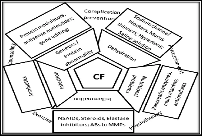 Figure 6: The main pathophysiological dysfunctions and treatment modalities for CF patients