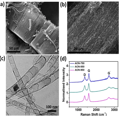 Figure 3.1. Physical characterization of as-synthesized NCNTs (a, b) Cross-sectional SEM images, (c) TEM image, (d) Raman spectra of NCNTs synthesized using ACN precursor at various temperatures