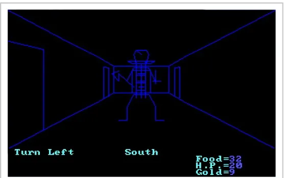 figure 4. Akalabeth Screen Shot showing the first person perspective. In this shot the humanoid form is a skeleton the player is fighting.