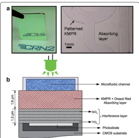 Fig. 5 Interference filter added on a microfluidic device: a inter‑ference filter deposited on glass substrate (left) and patterned microfluidic channels on absorbing layer (right); b overall schemat‑ics (reproduced from [73] with permission, © 2009 Royal Society of Chemistry)