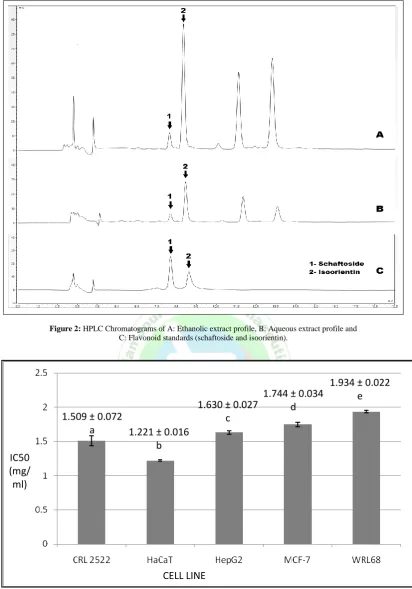 Figure 2:  HPLC Chromatograms of A: Ethanolic extract profile, B: Aqueous extract profile and  C: Flavonoid standards (schaftoside and isoorientin)