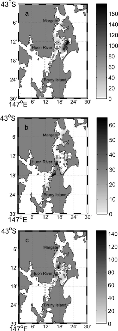 Fig. 2.2. The interpolated distribution and densities (scallops per 200 m2 transect) of P