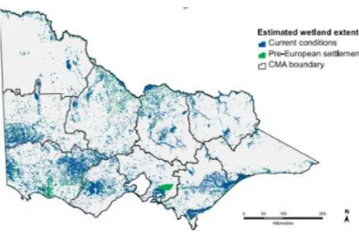 Figure 3.1 Wetlands in Victorian catchments prior to white settlement and the current extent of wetlands