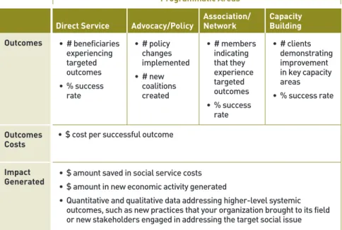 Figure  6  lists  some  sample  social  and  economic  indicators  for  organizations working in four major programmatic areas.