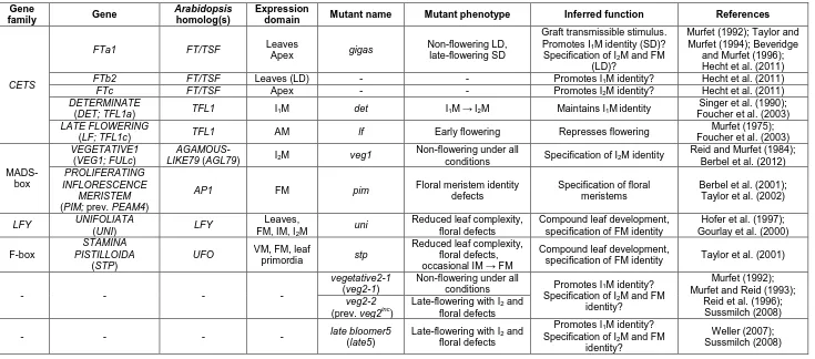 Table 1.4. Summary of genes with known or putative roles in meristem identity during inflorescence development in pea