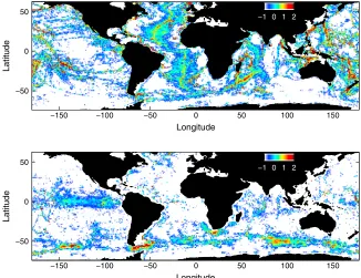 Figure 1.Global distribution of the energy conversion in [log10(mW m�2)] from (upper panel) M2 barotropic tide and(lower panel) geostrophic motions into internal tides and lee waves, respectively.