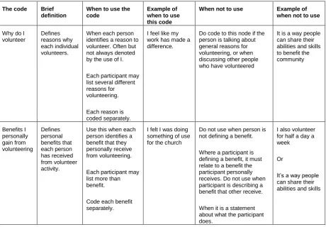 Figure 6 - code book example for volunteer project 