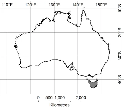 Fig 1.1 Tasmania’s location (shaded) in relation to the Australian continent. 