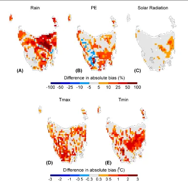 Fig 3.4 Improvement of absolute biases in average annual (A) rainfall, (B) potential evaporation (PE), (C) solar radiation, (D) Tmax and (E) Tmin in the CSIRO-Mk3.5 ensemble