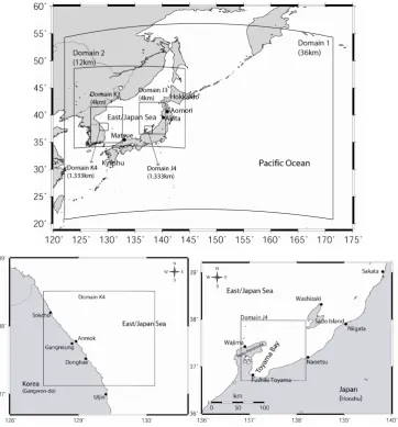 Fig. 7. Computational domains of meteorological and wave models for the events of February 1991 and wave and weather observation stations along the coasts of Korea and Japan