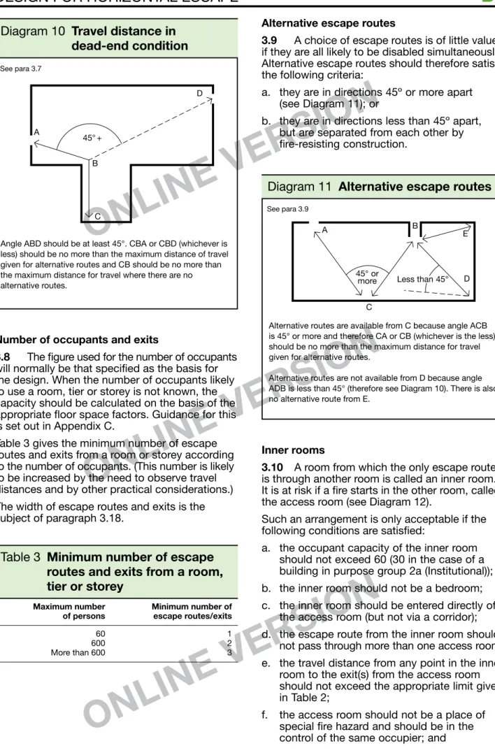 Table 3 gives the minimum number of escape  routes and exits from a room or storey according  to the number of occupants