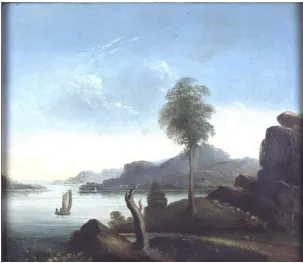 Figure 61: Imaginary River Scene: Imaginary river Scene, 1838, oil on paper mounted on wood panel, 30 x 36 cm, William Crowther Library, State Library of Tasmania