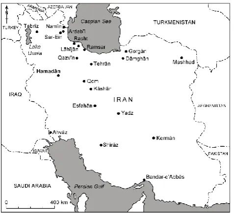 Figure 1.  Location map showing Hamadan in relation to the capital of Iran, Tehran, the high 858background radiation area of Ramsar and the towns discussed by Hadad et al