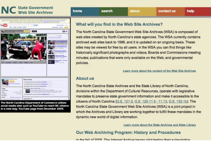 Figure	  6.	  	  "About"	  the	  NC	  State	  Government	  Web	  Site	  Archives,	  http://webarchives.ncdcr.gov/about.html 