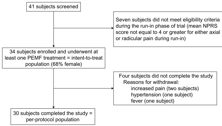 Figure 1 Flow chart of study participants.Abbreviations: NPRS, numerical pain rating scale; PEMF, pulsed electromagnetic field.