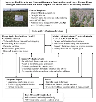 Figure 1. Gadam sorghum commercialization model adopted by the partners: Arrows indicate linkages between stakeholdersKENYA ARID AND SEMI-ARID LANDS PROGRAMME (KASAL)