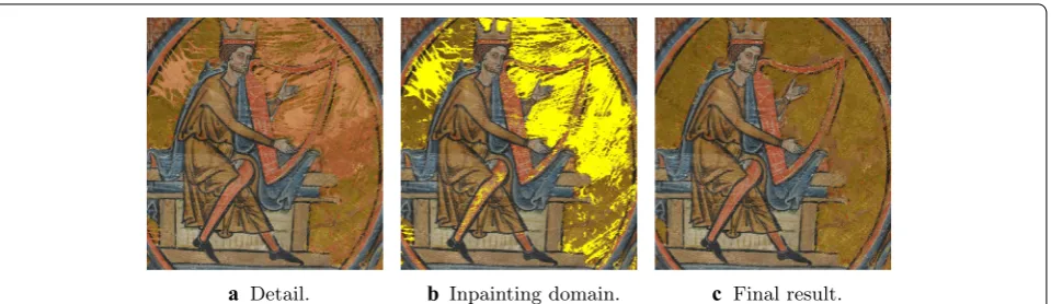 Fig. 6 Inpainting of large image region with large damaged areas. Inpainting results of the combined model for a large detail ( 1572 × 1681 pixels) with large damaged areas