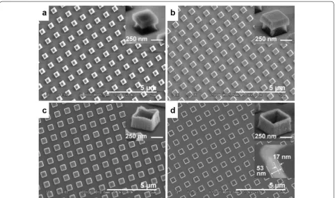 Figure 2a shows a top-view SEM image of 400 nm square polymer patterns after the two-step RIE process with the  CF4 and  O2 plasma