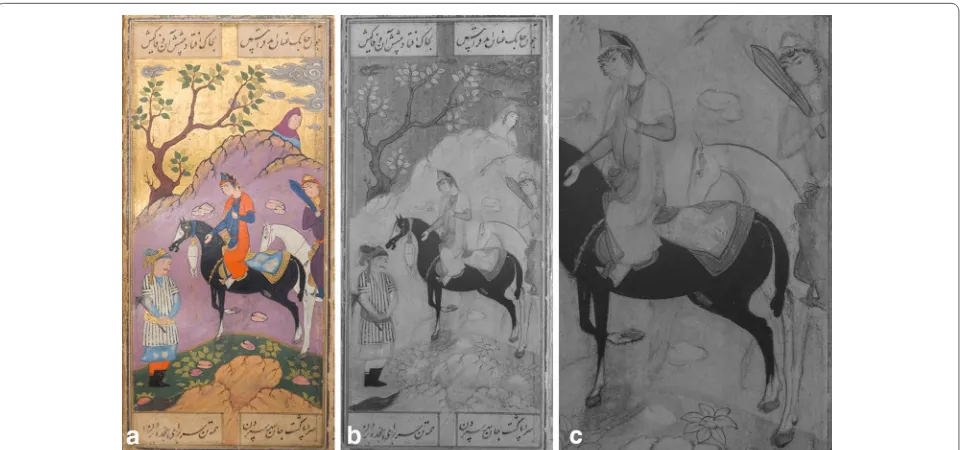 Fig. 4 a, b Comparison of visible (a) and infrared (b, c) images shows the more normal minimal alteration of the initial design in another painting from the same manuscript (Table 1, #34)