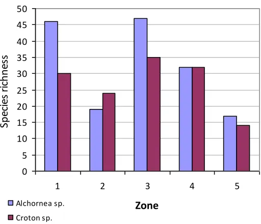 Fig. 3 Zone species richness in the Alchornea sp. and Croton sp. hosts. 