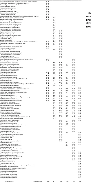 Table 8. The proportion of subsamples in which taxa were present in each zone of a single Weinmannia sp