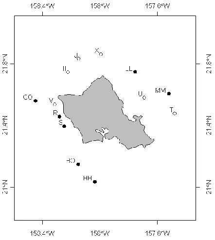 Figure 2.1 Map of the FAD array around the island of Oahu equipped with automated acoustic receivers