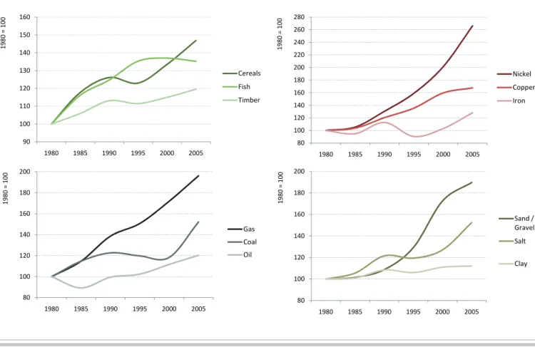 Figure 3: Trends in world-wide resource extraction of selected materials, 1980 to 2005  (iii)
